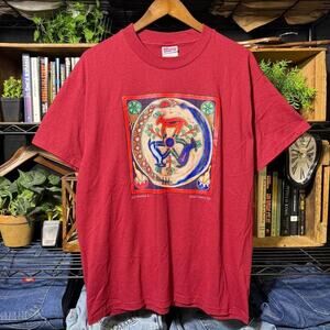 Vintage 90s Art Surf Tee Red Blue Aztec Native Painting Shirt Mens Large